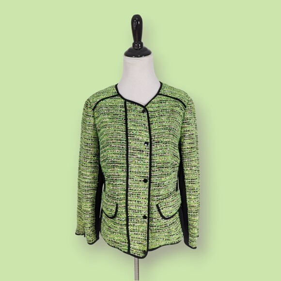 Carlisle Blazer Jacket 10 Boucle Tweed Green Black‎ Trim - Picture 1 of 5
